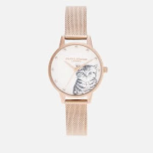Image of Olivia Burton Womens Illustrated Animals Pearly Kitten Watch - Rose Gold Mesh