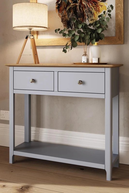 Image of FWStyle Solid Oak 2 Drawer Console Table Dove Grey Large Oak Top Painted Finish Grey