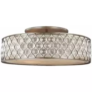 Image of 6 Bulb Flush Light Low Ceiling Linen Fabric Shade Burnished Silver LED E27 60W