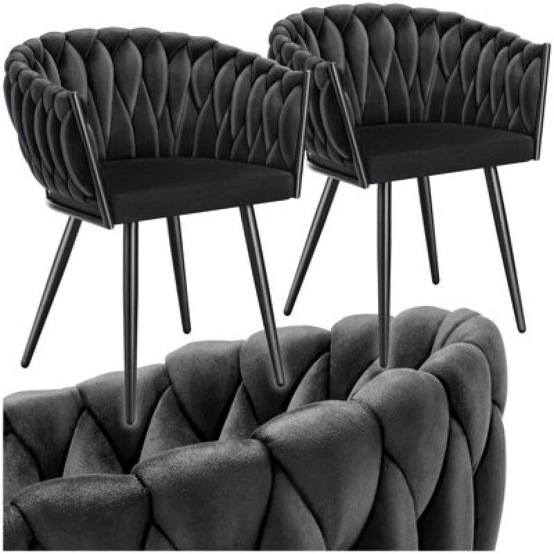 Image of Tectake Set Of 2 Dining Chair Astano - Padded, Velvet, Knot Design, Continuous Backrest - Black