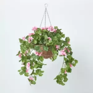Image of Homescapes - Medium Pink Geranium Hanging Basket, 80cm - Pink