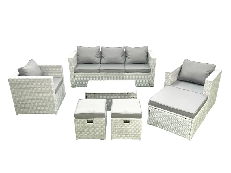 Image of Fimous Rattan Garden Outdoor Furniture Sofa Set with Rectangular Coffee Table 2 Chairs 3 Footstools Light Grey Mixed Light Grey