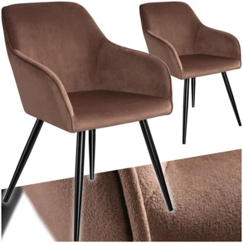 Image of Tectake Set Of 2 Dining Chair Marilyn - With Armrests, Padded, Velvet Look, Black Steel Legs - Brown/black