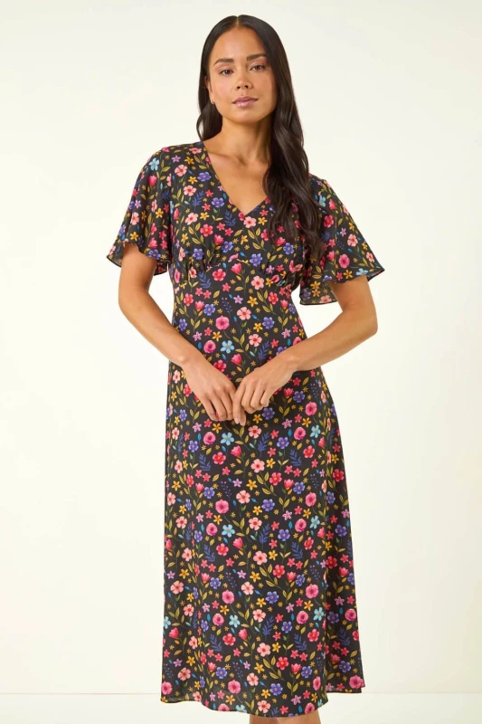 Image of Roman Womens Petite Ditsy Floral Print Midi Dress in Black Size: 16 Black Female 16