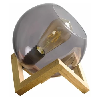 Image of Smoked Glass Globe Bedside Table Lamp On A Wooden Frame Base - No Bulb
