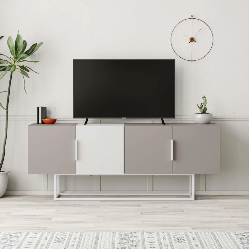 Image of DECORTIE Decortie - Tontini Modern tv Stand Multimedia Centre tv Unit With Storage Cabinet 140cm - Mocha Grey / White - Mocha Grey M.TV.23534.5