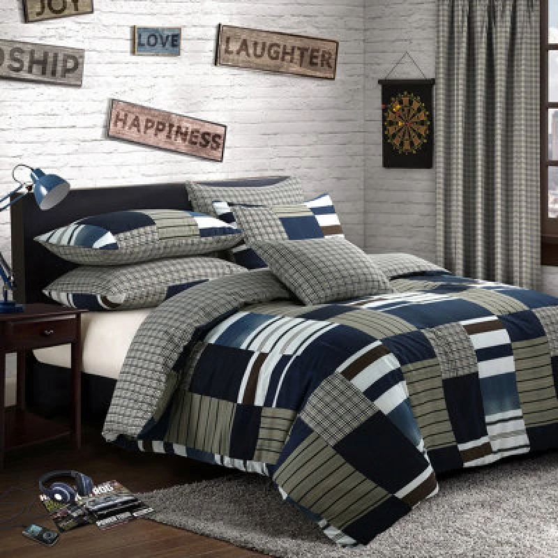 Image of Velosso Denim Patchwork Printed Cotton Rich Double Duvet Cover And Pillowcase Set - Blue 5029497643731