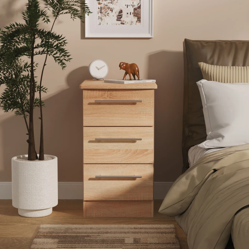 Image of Welcome Furniture Ready Assembled Sherwood 3 Drawer Bedside Cabinet In Bardolino Oak SHE001BO