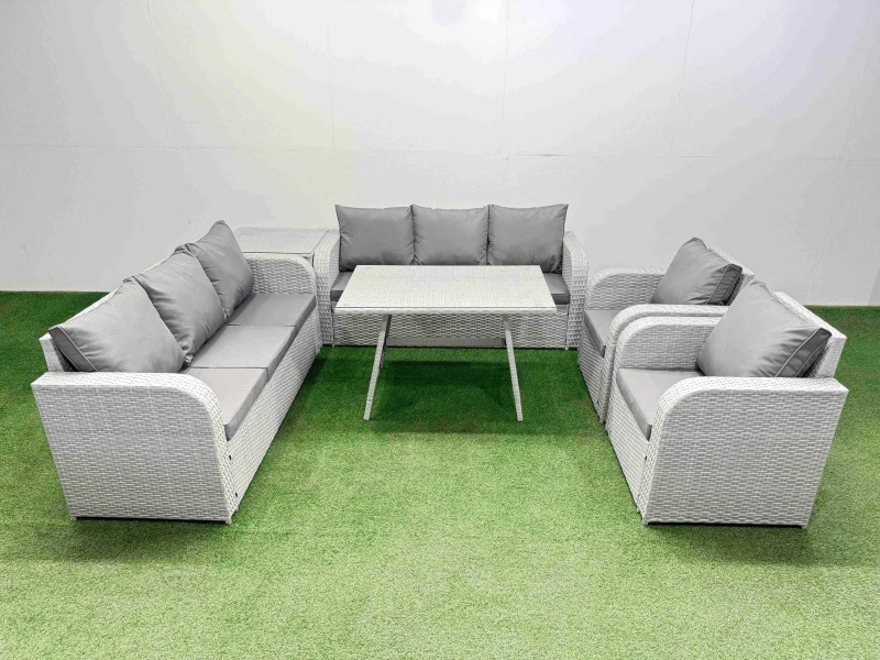 Image of Fimous Rattan High Back Lounge Sofa Set with Reclining Chairs Side Table in Light Grey Light Grey Unisex