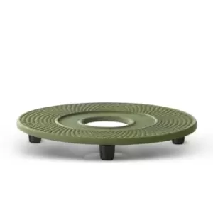 Image of Drink Coaster or Table Trivet Xilin Design Cast Iron in Green with Rubber Feet