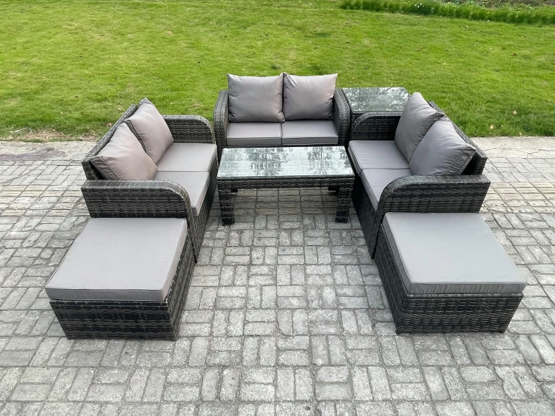 Image of Fimous Outdoor Garden Furniture Sets 7 Pieces Wicker Rattan Furniture Sofa Sets with Coffee Table Love seat Sofa 2 Big Footstool Side Table Dark Grey