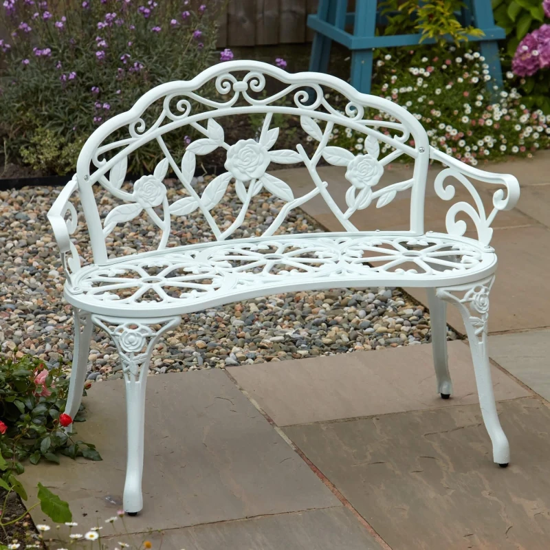 Image of Home Source Rose Detail Metal Outdoor Garden Bench White