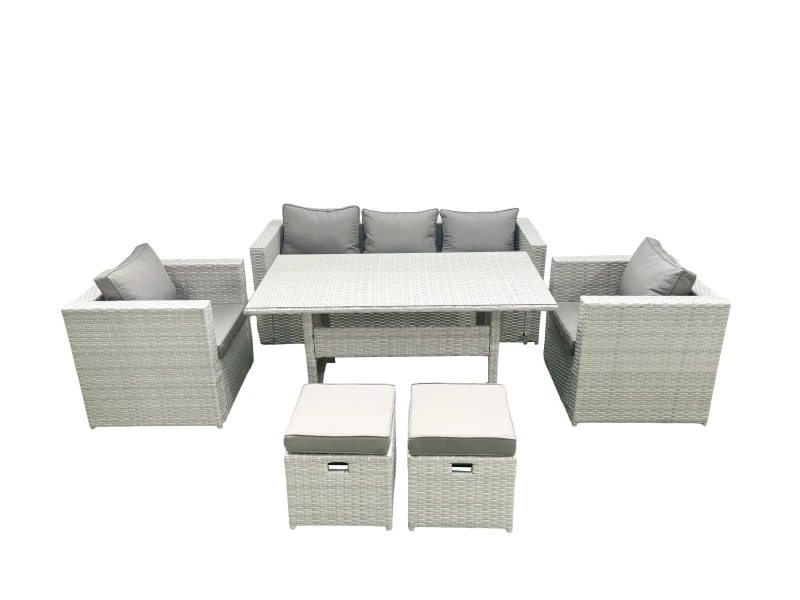 Image of Fimous Garden Dining Set Outdoor Rattan Furniture Set with Sofa Dining Table 2 Chairs 2 Small Footstools Light Grey Mixed Light Grey