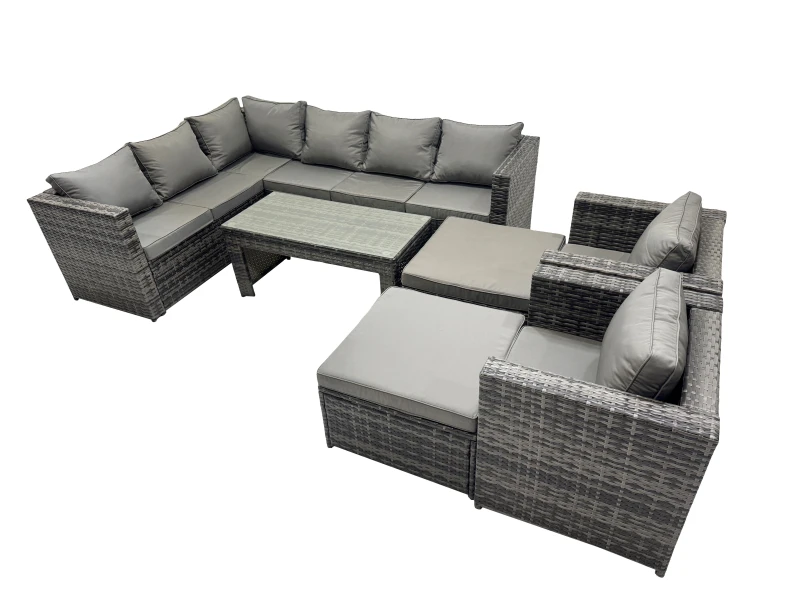 Image of Fimous 7 Pieces Garden Furniture Corner Sofa Set & Chair 2 Big Footstools in Dark Grey Dark Grey Unisex