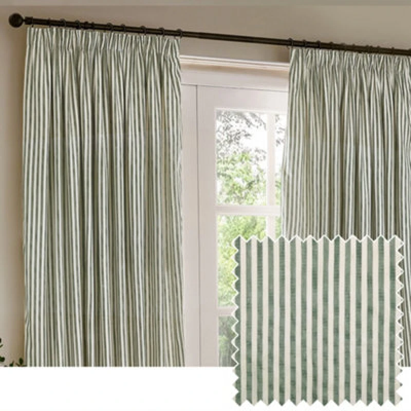 Image of Yard Hebden Striped Cotton Ready Made Pencil Pleat Curtains Forest Green