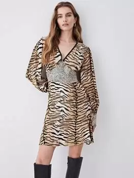 Image of Karen Millen Animal Print Mixed Plunge Neck Woven Mini Dress - Multi, Size 10, Women