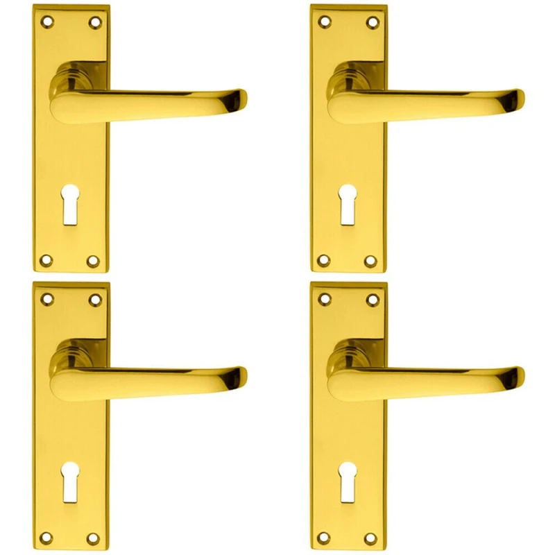 Image of Loops 4x PAIR Straight Victorian Handle on Lock Backplate 150 x 42mm Polished Brass Metallics
