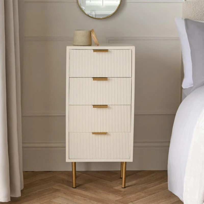 Image of OHS OHS Ribbed Bedside Table Modern Bedroom 4 Draw Office Nightstand in Cream Cream One Size Unisex 5027434198542