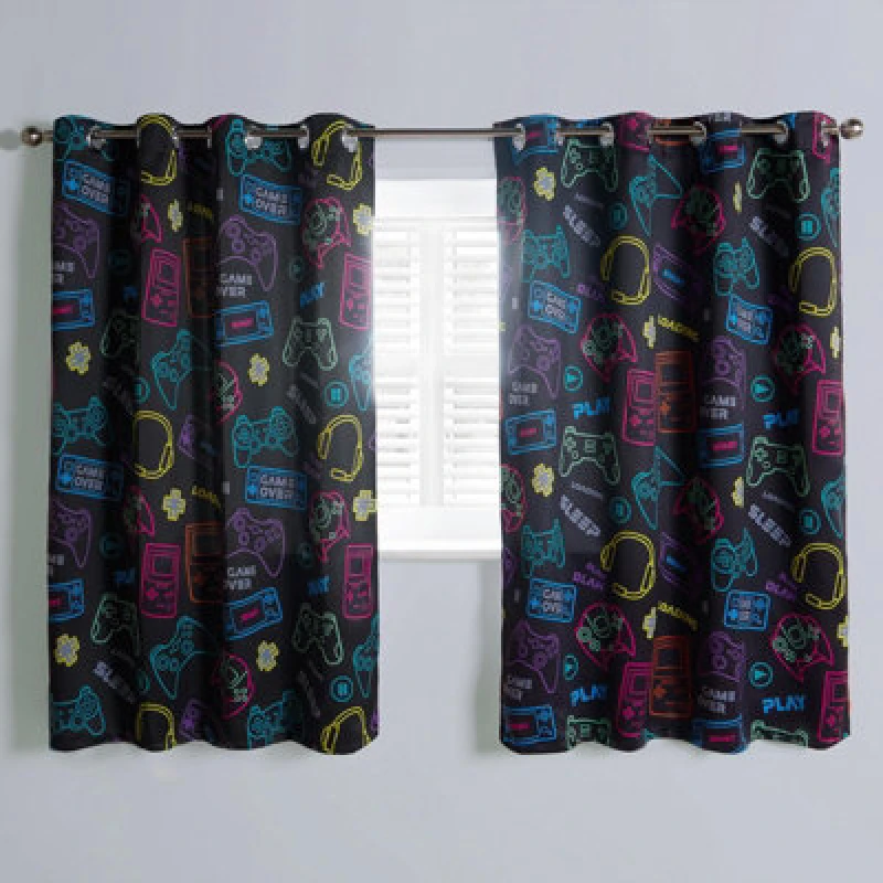 Image of OHS OHS Gaming Eyelet Curtains Pair of Blackout Woven Ring Top Panels Ready Made Kids Size: 117cm width x 183cm drop Black 117cm width x 183cm drop