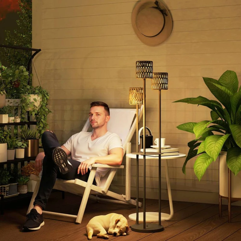 Image of OUTSUNNY 3-Light Solar Rattan Floor Lamp with Shelf, Auto On/Off, Grey Grey Unisex