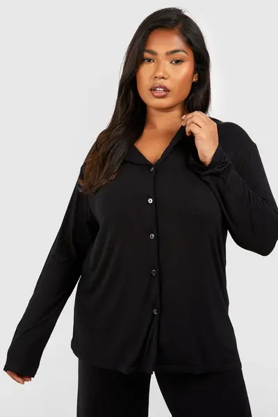 Image of boohoo Plus Peached Jersey Long Sleeve Button Pj Shirt Black