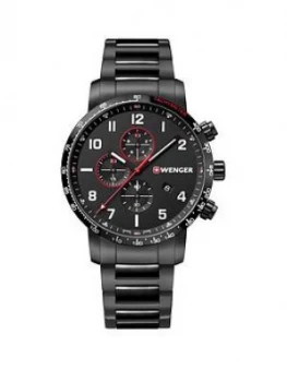 Image of Wenger Swiss Made Attitude Black And Red Detail 44Mm Chronograph Dial Black Ip Stainless Steel Bracelet Mens Watch