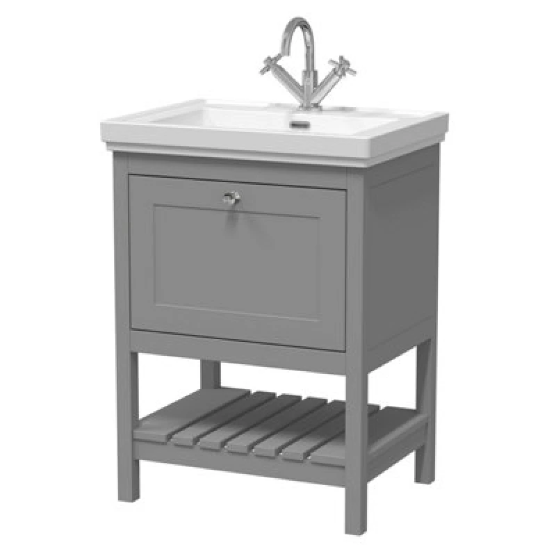 Image of Nuie Old London Bexley Floor Standing 1 Drawer Vanity & 1 Tap Hole Fireclay Basin, Stylish Vanity Unit With Basin, Cool Grey, 600mm