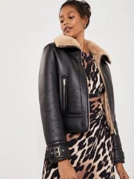 Image of Mint Velvet Cropped Faux Leather Aviator Jacket - Chocolate