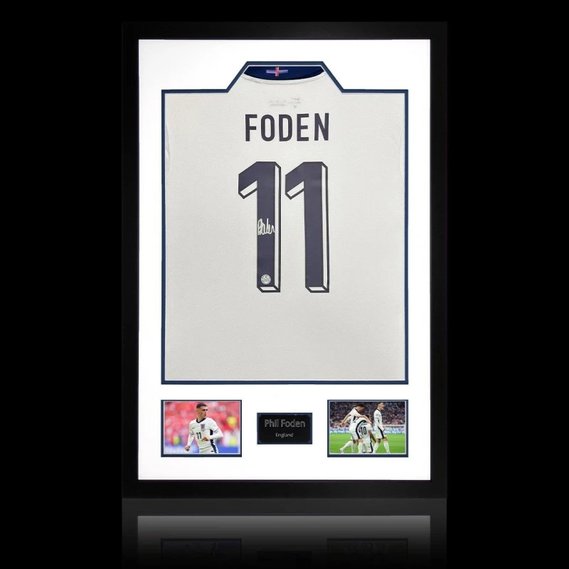 Image of The Fan Cave Phil Foden Signed England 2024 Shirt Premium Frame White unisex 850x600mm