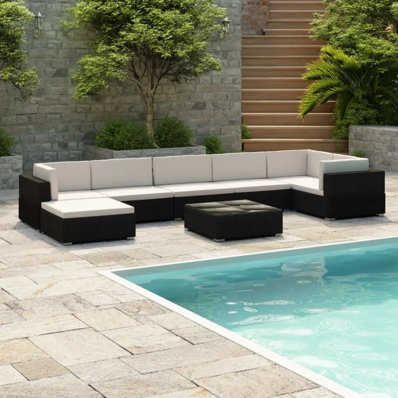 Image of vidaXL Garden Lounge Set 8 Piece with Cushions Poly Rattan Black Furniture