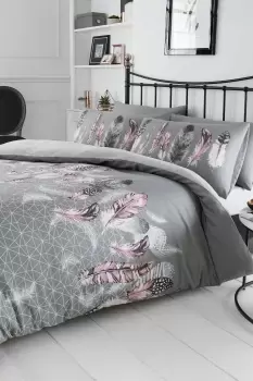Image of Feathers Reversible Duvet Set - Size: Double - Grey - Print