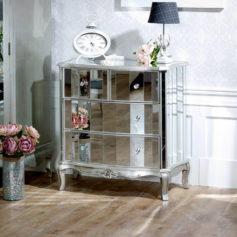 Image of Melody Maison Mirrored Chest Of Drawers - Tiffany Range Metallic Silver