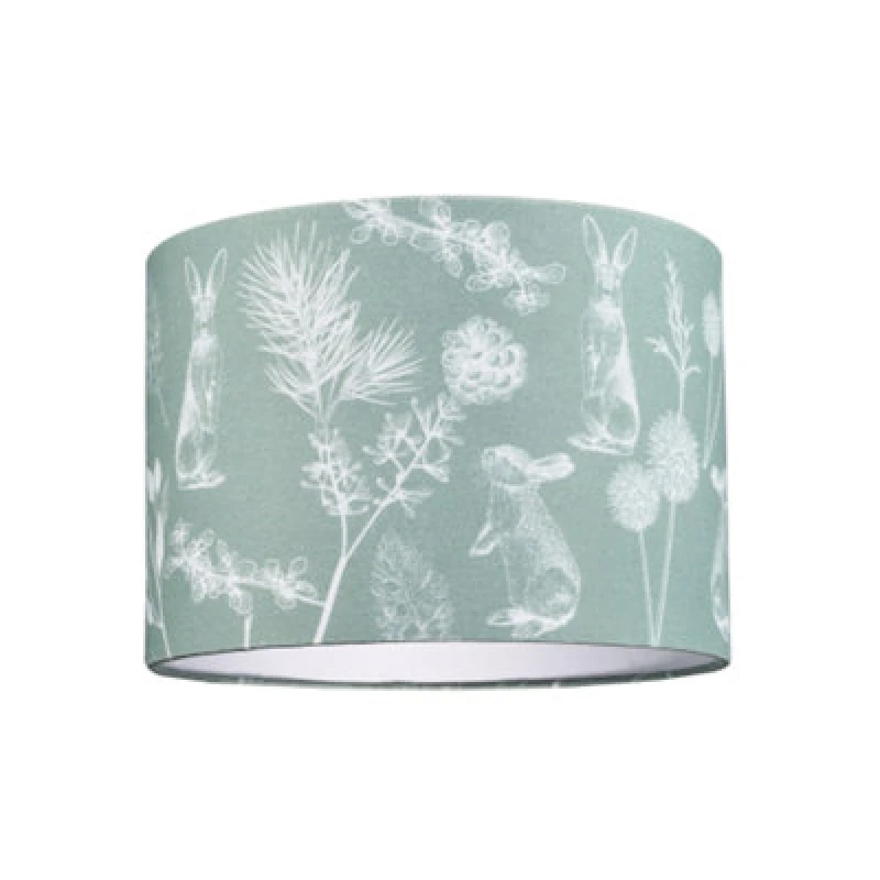 Image of Happy Homewares Woodland Theme Sage Olive Green Cotton Shade With Hares And Thistle Floral Decor