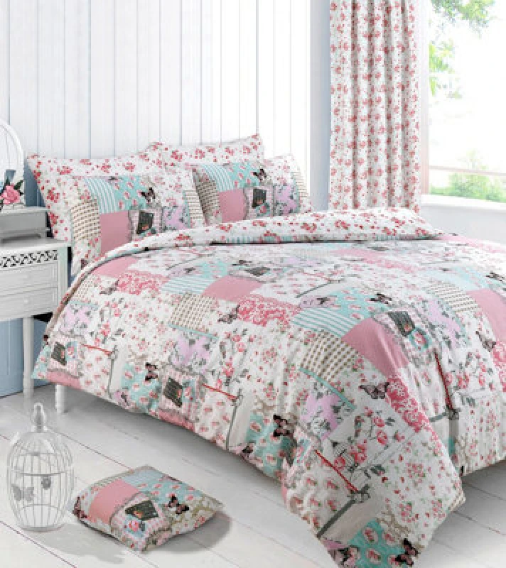 Image of Velosso Charming Vintage Duvet Cover & Pillowcase Set, Cozy Floral Patchwork & Butterfly Design Machine Washable - Pink