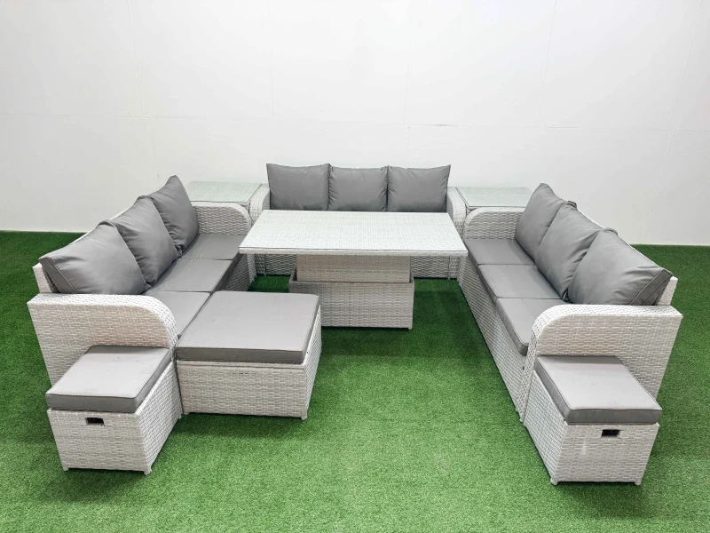Image of Fimous PE Rattan Lounge Sofa Set 12 Seater Outdoor Garden Furniture Set with Adjustable Lifting Dining or Coffee Table 3 Seater Sofa 3 Stools 2 Side T