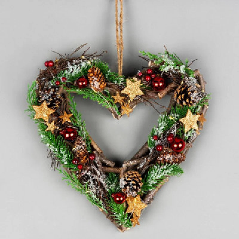 Image of Shatchi 30cm Prelit Heart Wreath Battery Operated - Wooden Twigs Base Decorated Multi