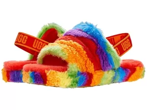 Image of UGG Kids Fluff Yeah Cali Collage Slide Slippers - Rainbow Stripe - UK 2 Kids
