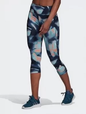 Image of adidas Feelbrilliant Aeroready You For You 3/4 Printed Sport Leggings, Blue/Black, Size XS, Women