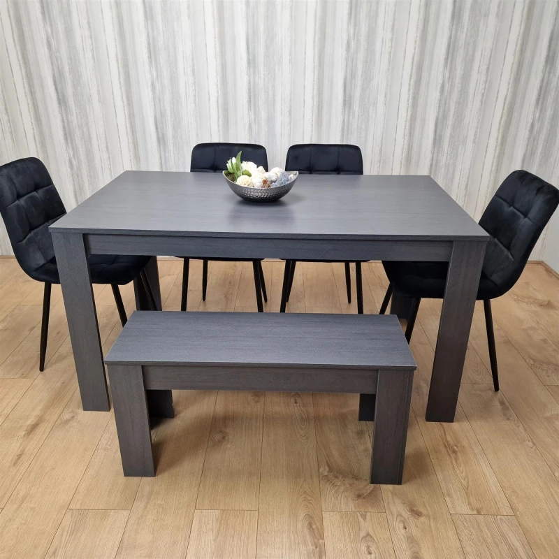 Image of KOSY KOALA Kosy Koala - Dining Table and 4 Chairs With Bench Black Dark Grey 4 Velvet Chairs Wooden Bench Wood Dining Set Furniture Arrow Charcoal 140