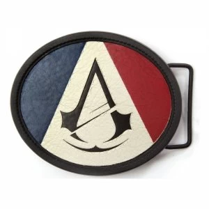 Image of Assassins Creed Unity Oval Belt Buckle with Classic Crest Logo on a Tricolour Background, Black