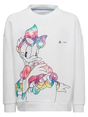 Image of Adidas Younger Girls Daisy Duck Crew Sweat, White/Sky Blue, Size 5-6 Years, Women