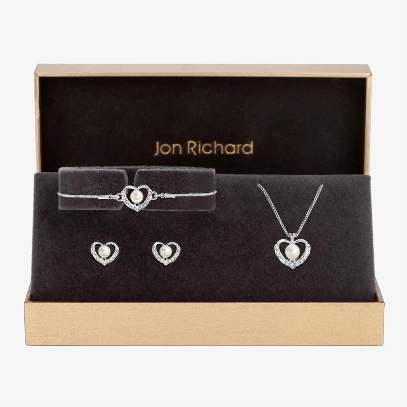 Image of Jon Richard Silver Plated Pearl Crystal Heart Set - Gift Boxed Gold female One Size