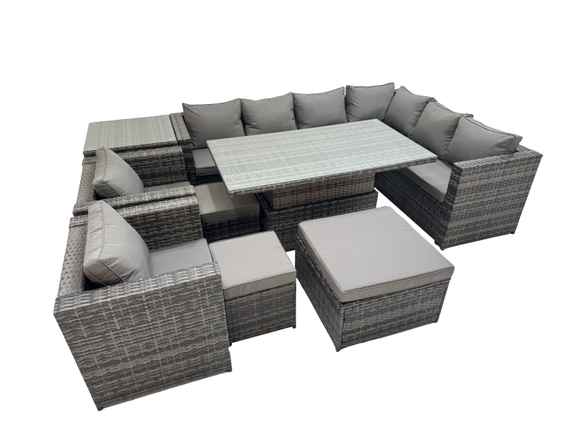 Image of Fimous 11 Seater Rattan Corner Sofa Sets with 2 Chairs 3 Stool Side Table in Dark Grey Dark Grey Unisex
