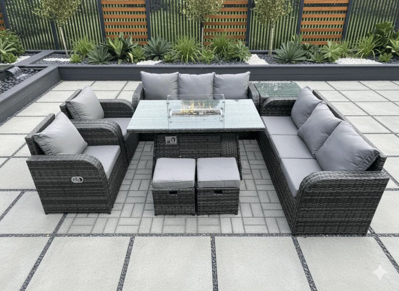 Image of Fimous Wicker Rattan Garden Furniture Set Gas Fire Pit Dining Table Indoor Outdoor with Side Table Chair Loveseat Sofa 2 Footstools Dark Grey