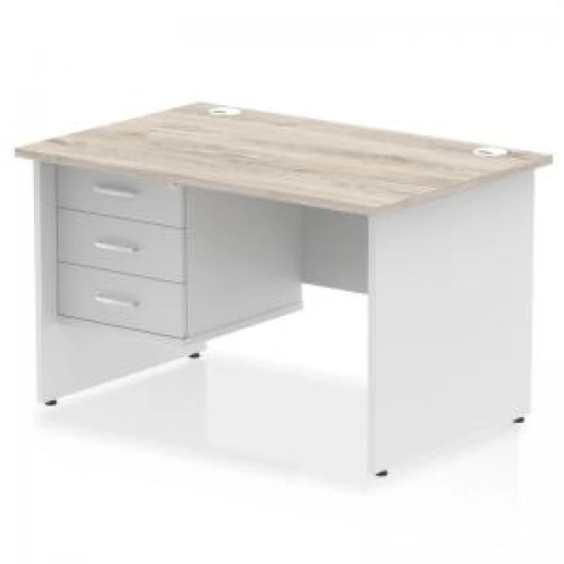 Image of Impulse Impulse 1200 x 800mm Straight Office Desk Grey Oak Top White Panel End Leg with 1 x 3 Drawer Fixed Pedestal MIRDP12FP3GRYWHT