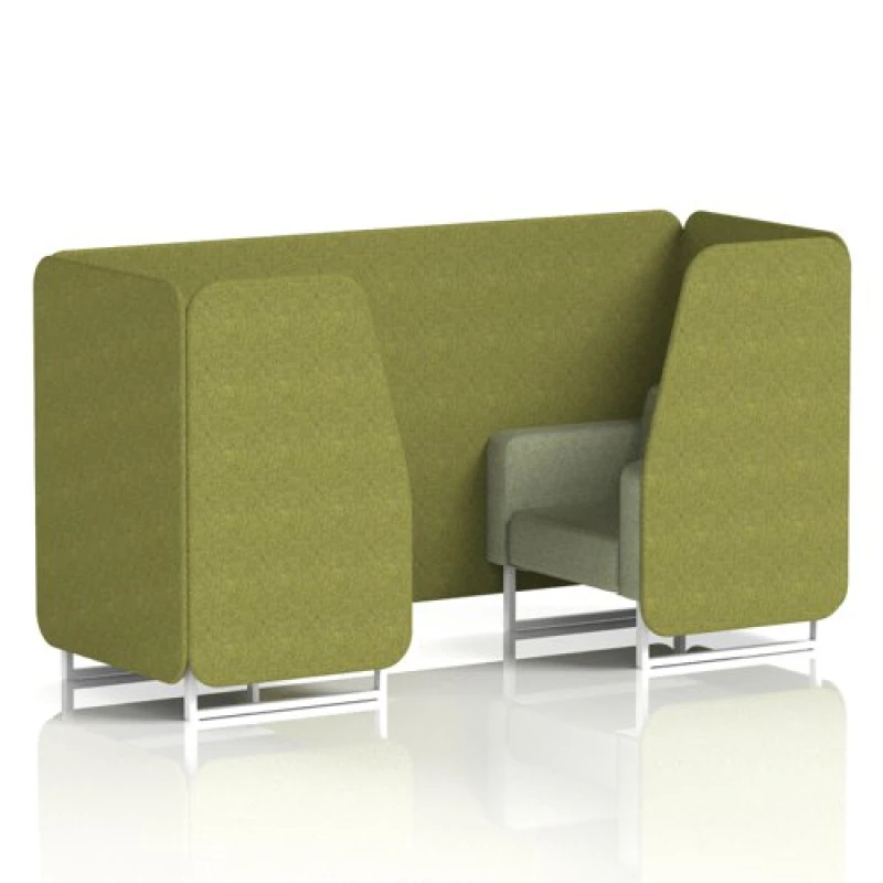 Image of Brixworth 2 Seater Office Booth with Front Panel - White Legs in Rivet Fabric - Olive Panels and Burnish Sofa