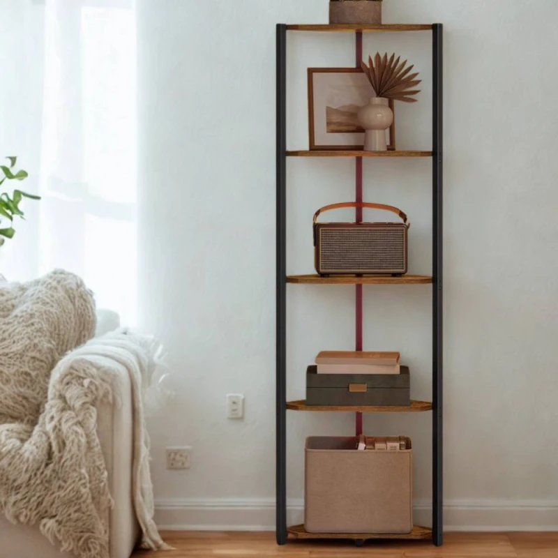 Image of Pirlo Plush Industrial Free-Standing 5 Tier Corner Shelf with LEDs Rustic Brown Brown Unisex