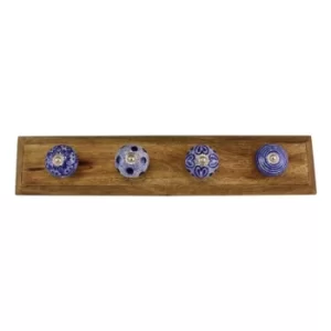 Image of Blue & White Decorative Coat Hooks On Wooden Base
