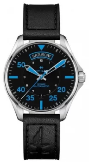 Image of Hamilton Khaki Pilot Air Zermatt Day Date Auto Black Leather Watch