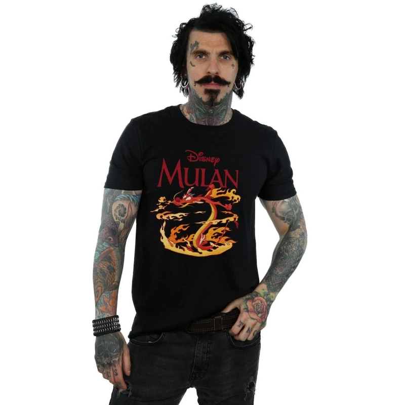 Image of Disney Men Mulan Mushu Dragon Fire T-Shirt in Black Size: Small Black S Male 5059400757194